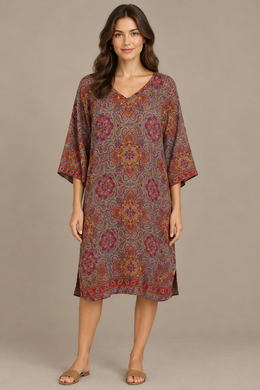 Boho Tunika Taupe, Bordeaux und Orange – Studio Vorderansicht