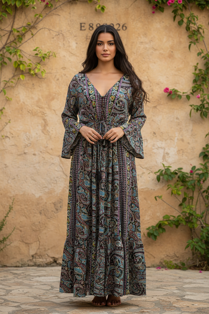 Boho Maxi Kleid Schwarz Paisley – Steinwand