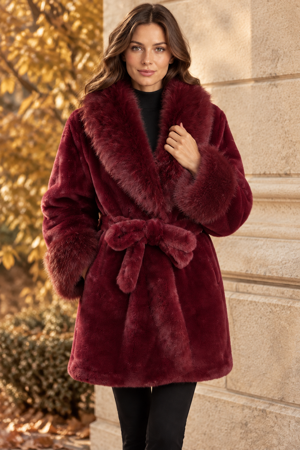 Bordeauxroter Fellmantel am Model in herbstlicher Outdoor-Kulisse