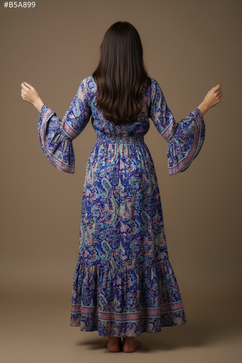 Boho Maxi Kleid Royal-Blau Paisley – Rückseite