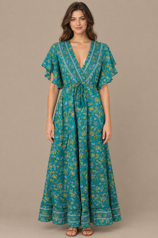 Boho Maxikleid Türkis Petrol Gelb – Studio Vorderansicht