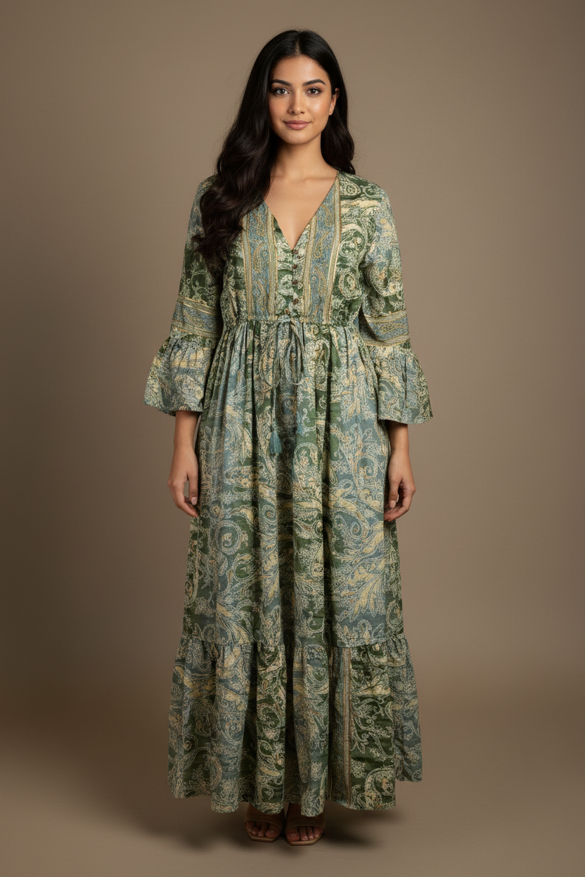 Boho Maxi Kleid Salbeigrün Creme Baroque Paisley – Studio Hauptbild