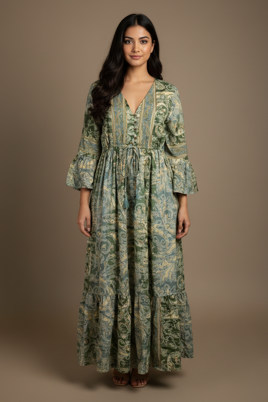 Boho Maxi Kleid Salbeigrün Creme Baroque Paisley – Studio Hauptbild