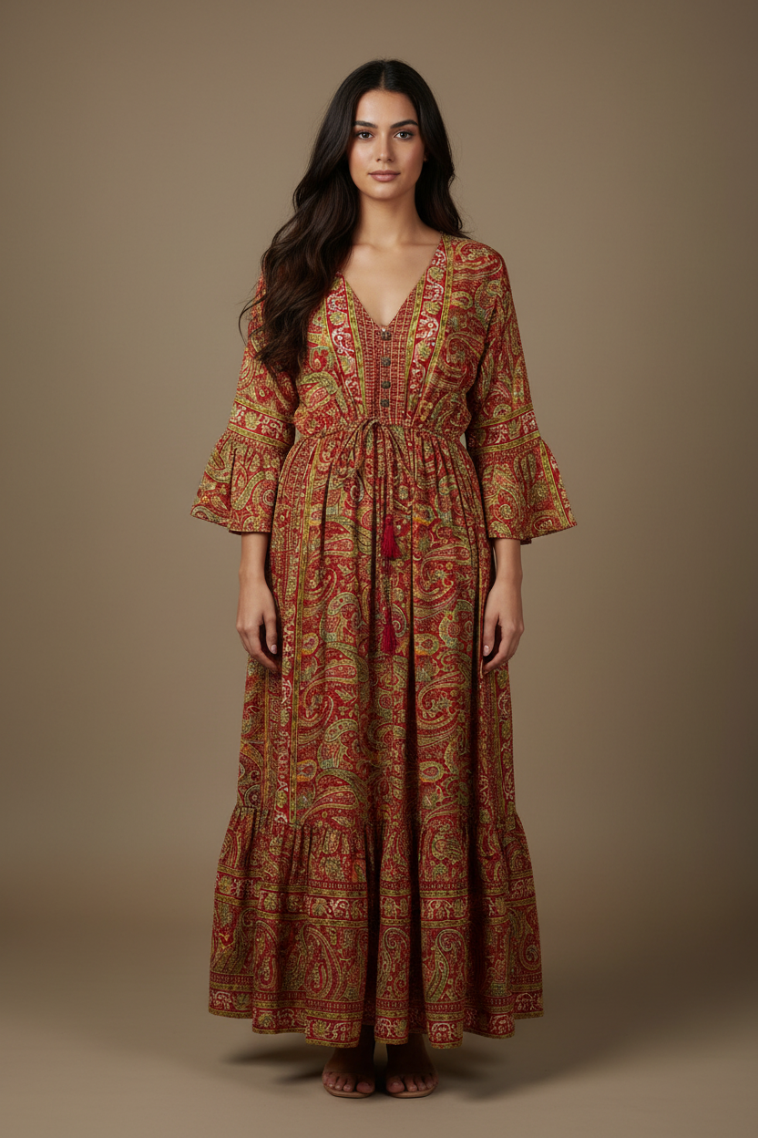 Boho Maxi Kleid Rot Gold Paisley – Studio Hauptbild