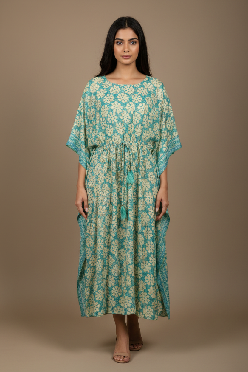 Boho Kaftan Türkis Mint Blumen-Print – Studio Hauptbild