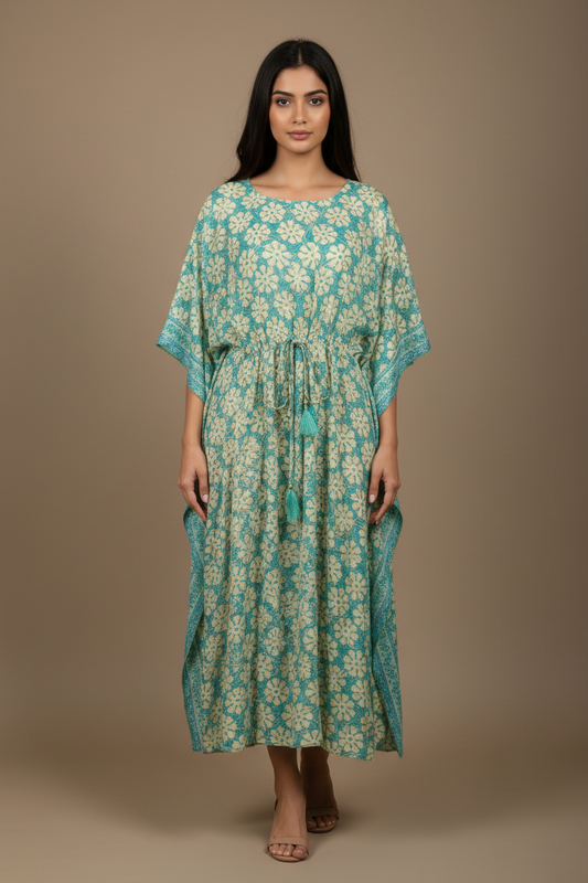 Boho Kaftan Türkis Mint Blumen-Print – Studio Hauptbild