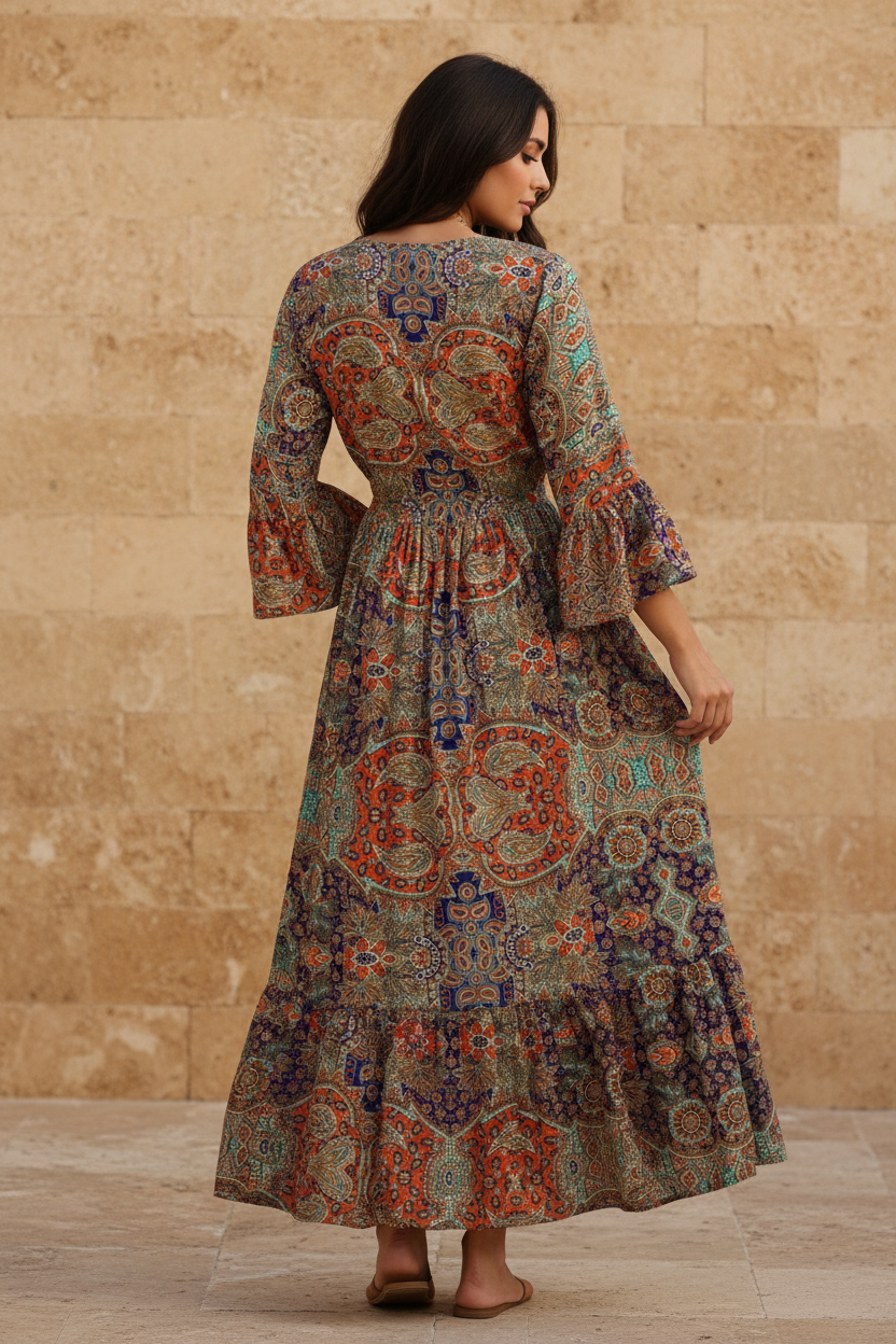 Boho Maxi Kleid Multicolor Patchwork Paisley – Rückseite Steinwand