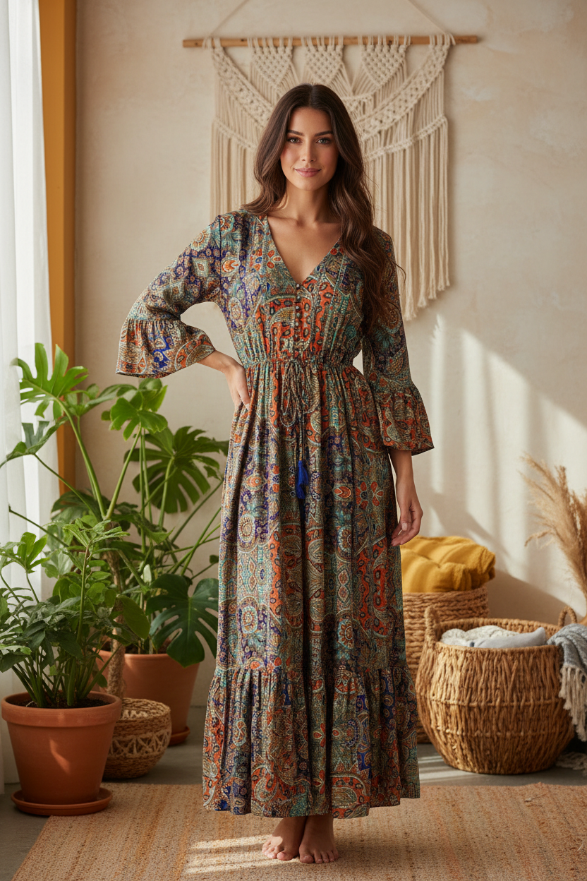 Boho Maxi Kleid Multicolor Patchwork Paisley – Boho Stehend
