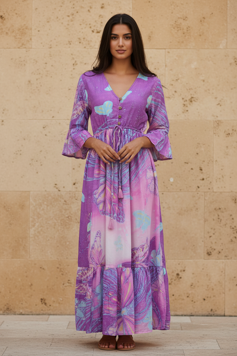 Boho Maxi Kleid Lila Pink Schmetterling – Steinwand