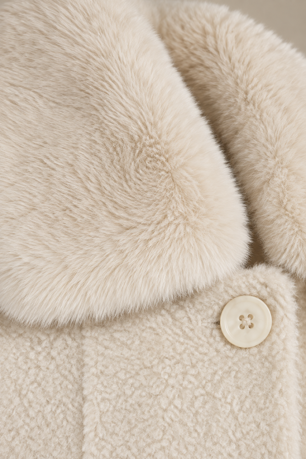 Nahaufnahme des weichen cremeweißen Fellkragens am Teddy-Wintermantel