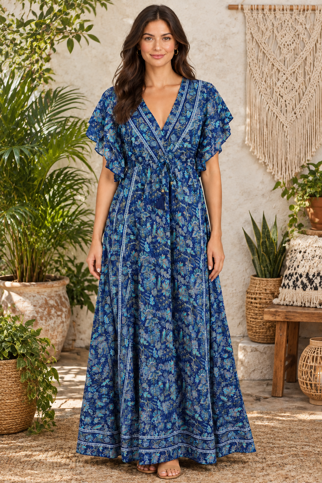 Boho Maxikleid Dunkelblau Türkis im Boho-Ambiente