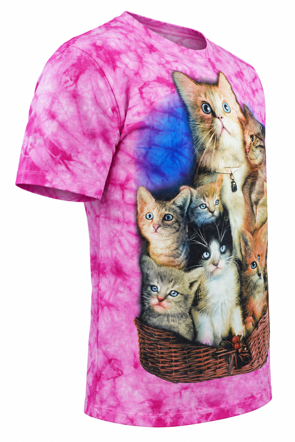 Pinkes Cats in Basket Damen T-Shirt in der Seitenansicht auf digitalem Shop-Weiß