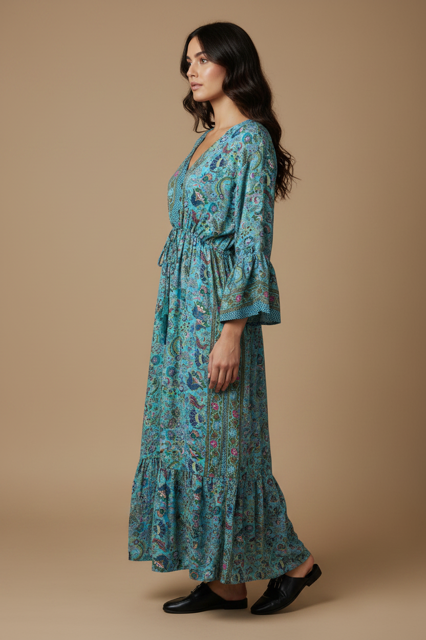 Boho Maxi Kleid Türkis – Seitenansicht