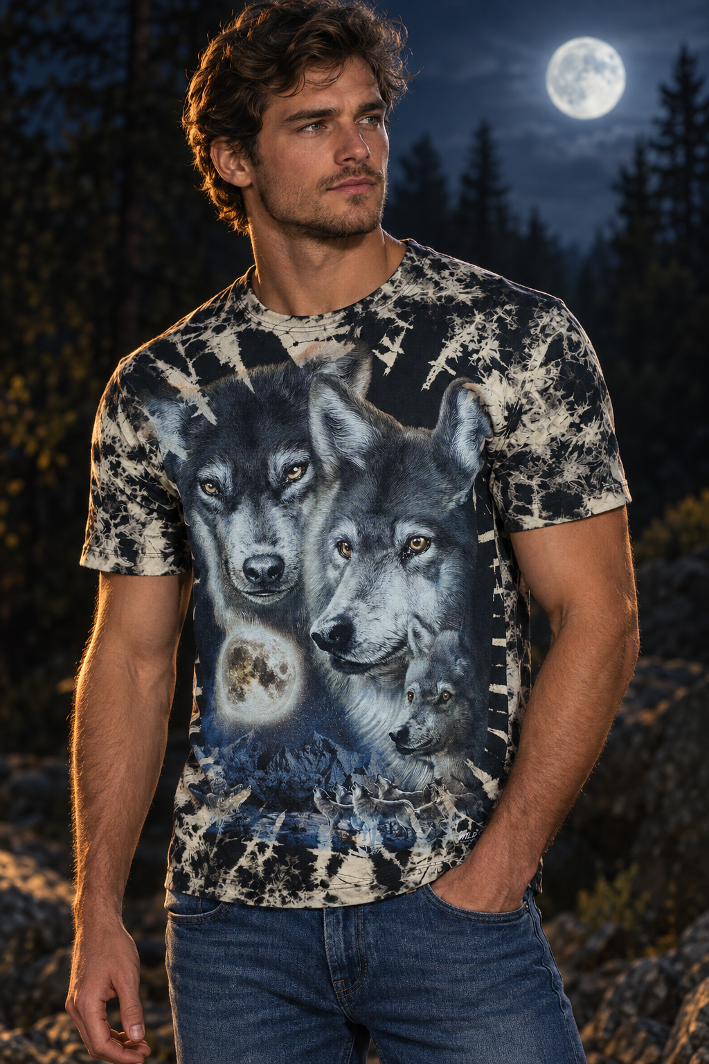 Model trägt das Wolf Moon Tie-Dye T-Shirt in einer nächtlichen Outdoor-Szene