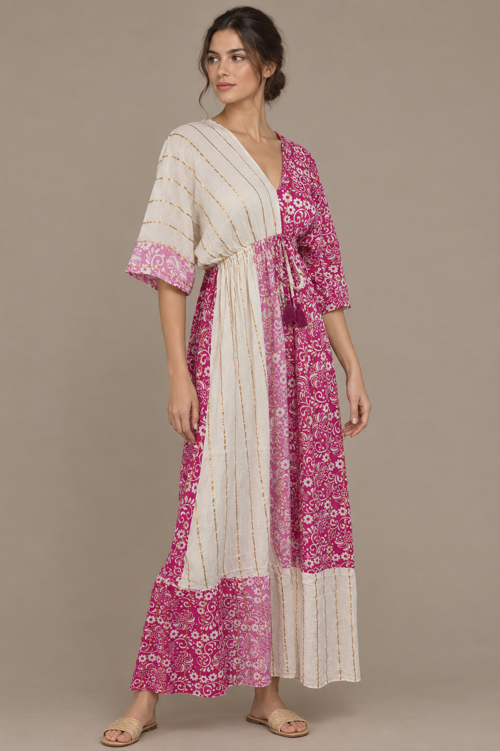 Boho Maxikleid Fuchsia Rosa Creme – Seitenansicht