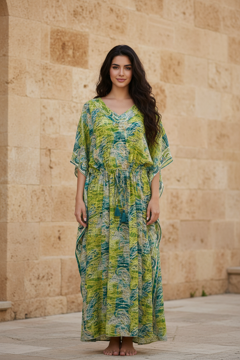 Boho Kaftan Grün Türkis Feder-Print – Steinwand