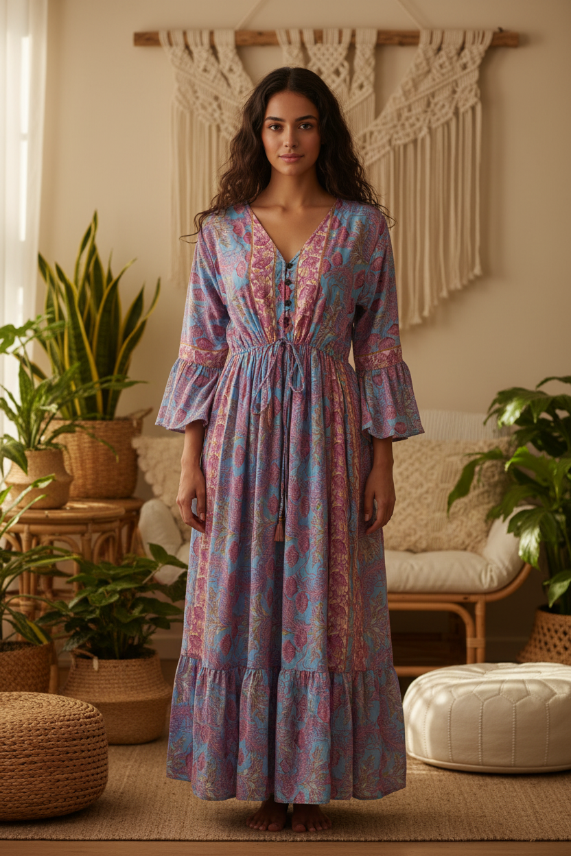 Boho Maxi Kleid Himmelblau Pink Rosen – Boho Stehend