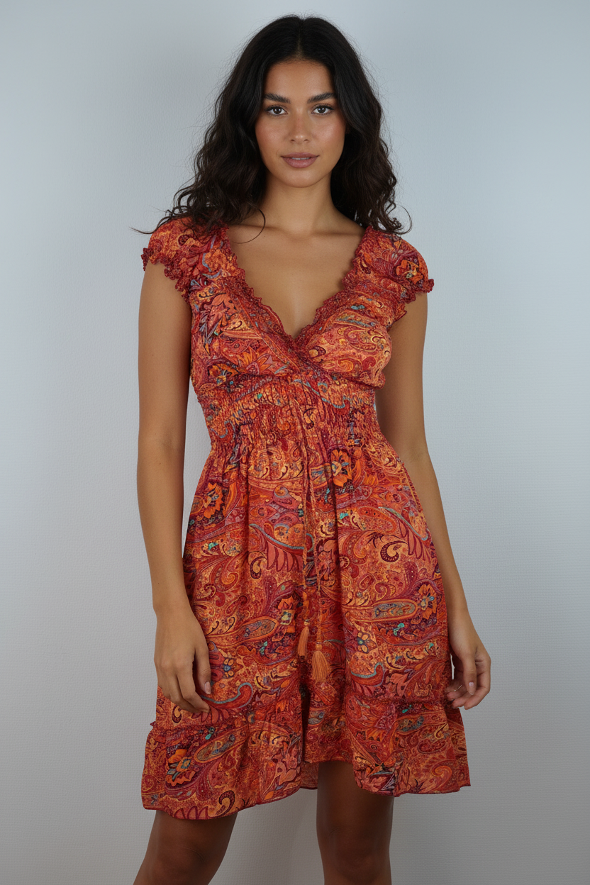 Sommerkleid Alia Rot/Orange Paisley – KI Vorderseite