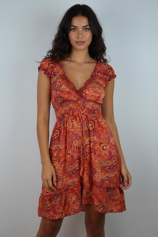 Sommerkleid Alia Rot/Orange Paisley – KI Vorderseite