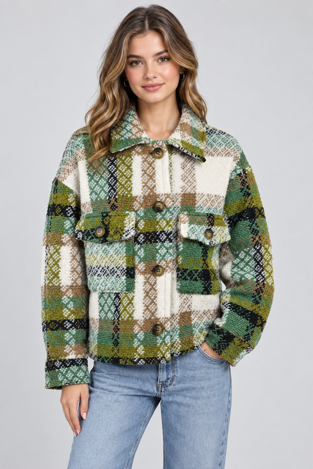 Karierte Oversize Jacke Shacket Grün-Mix – Studio Hauptbild