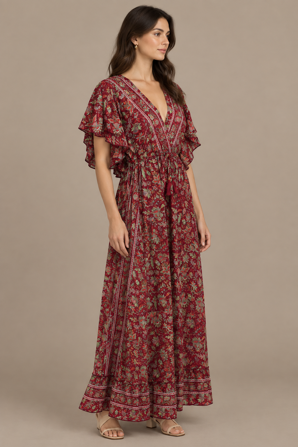 Boho Maxikleid Bordeauxrot Mintgrün – Seitenansicht