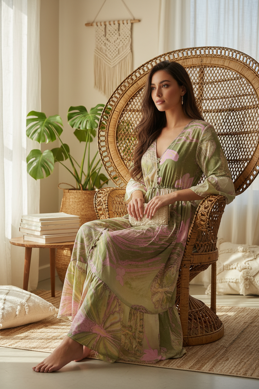 Boho Maxi Kleid Olive Pink Schmetterling – Sitzbild