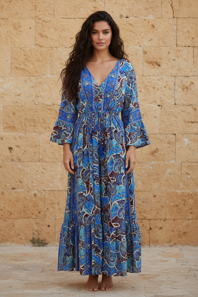 Boho Maxi Kleid Blau Bordeaux Paisley – Steinwand