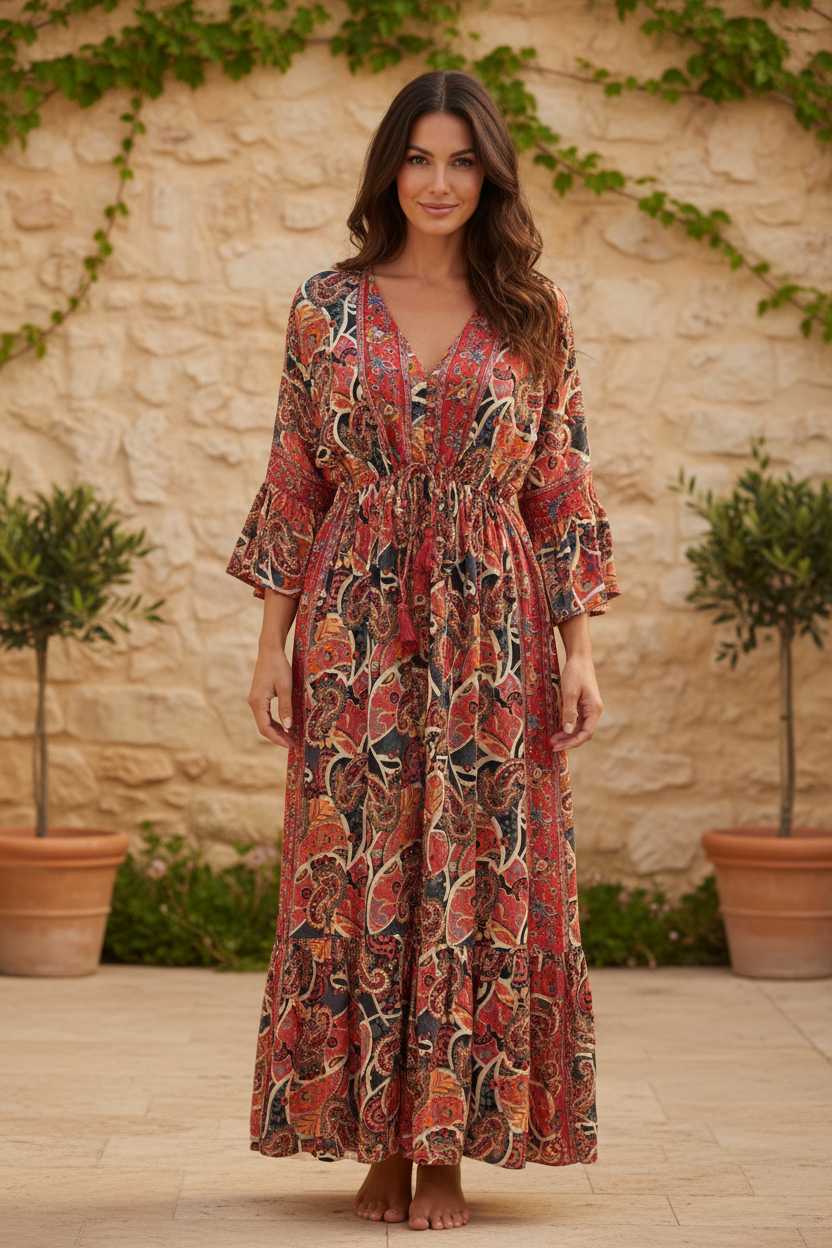 Boho Maxi Kleid Rot Anthrazit Paisley – Steinwand Stehend