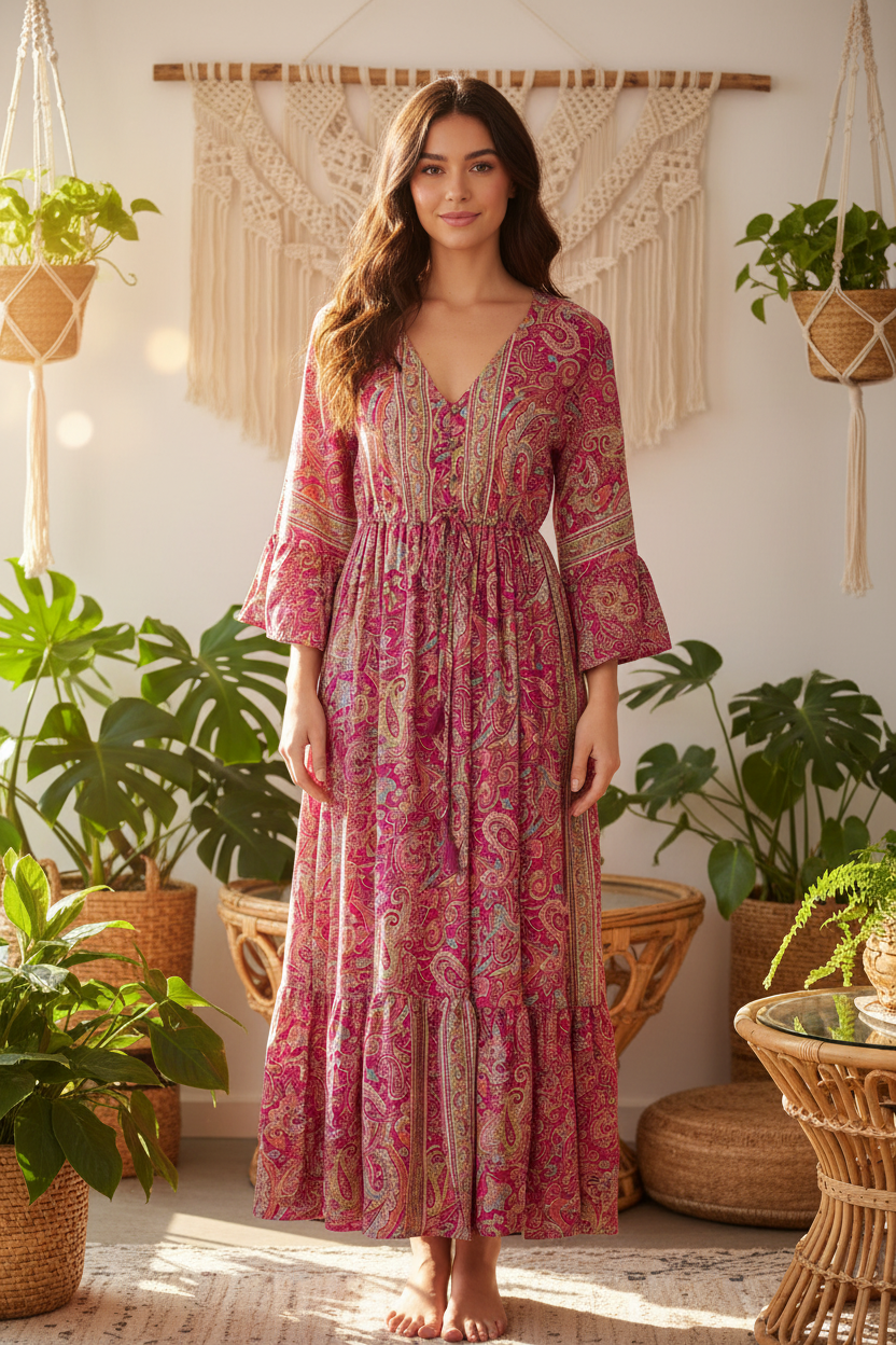 Boho Maxi Kleid Pink Paisley – Boho Stehend