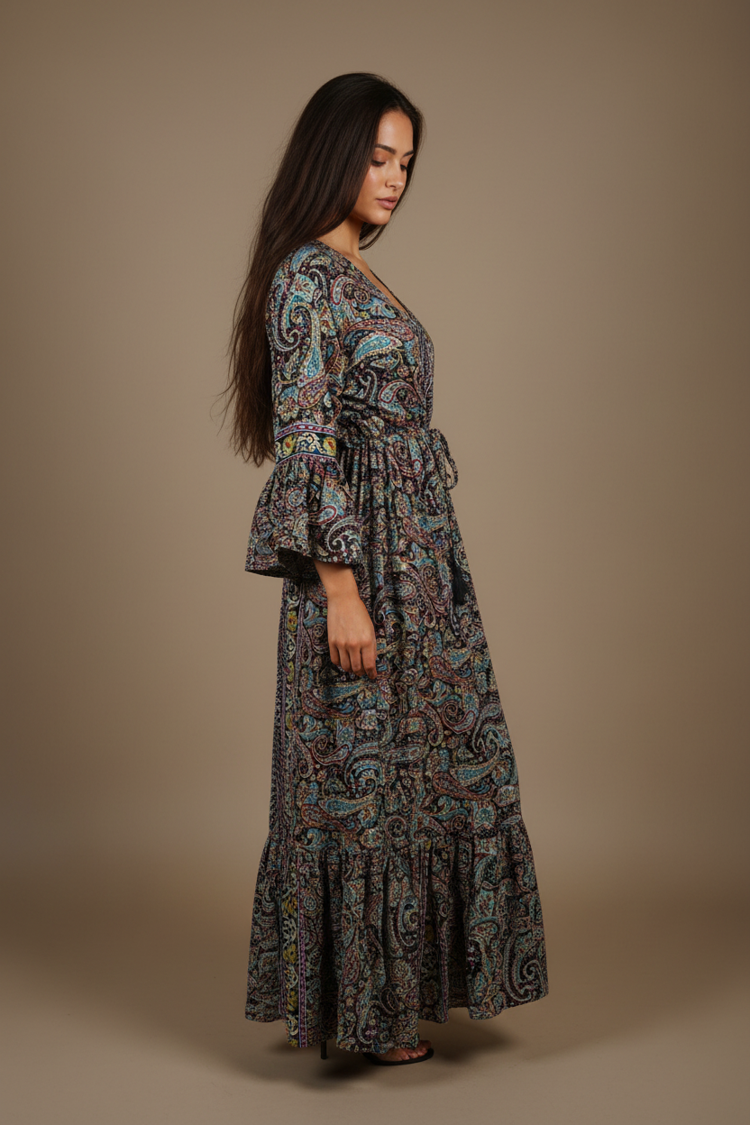 Boho Maxi Kleid Schwarz Paisley – Seitenansicht