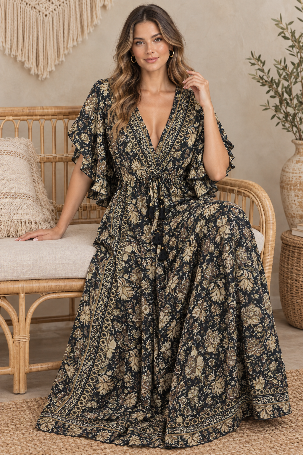 Boho Maxikleid Schwarz Taupe – Sitzbild