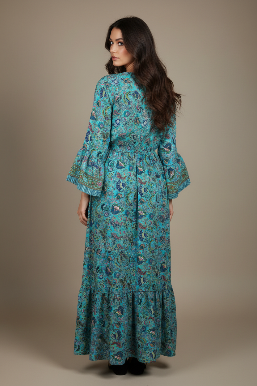 Boho Maxi Kleid Türkis Paisley – Rückseite