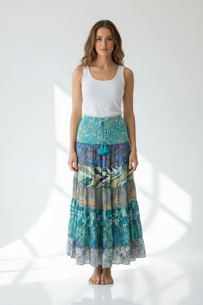 Boho Patchwork Maxi Rock türkis – ganzes Model frontal