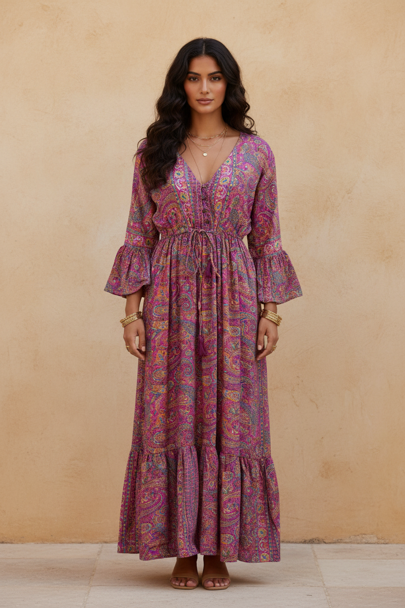 Boho Maxi Kleid Magenta Lila Paisley – Steinwand
