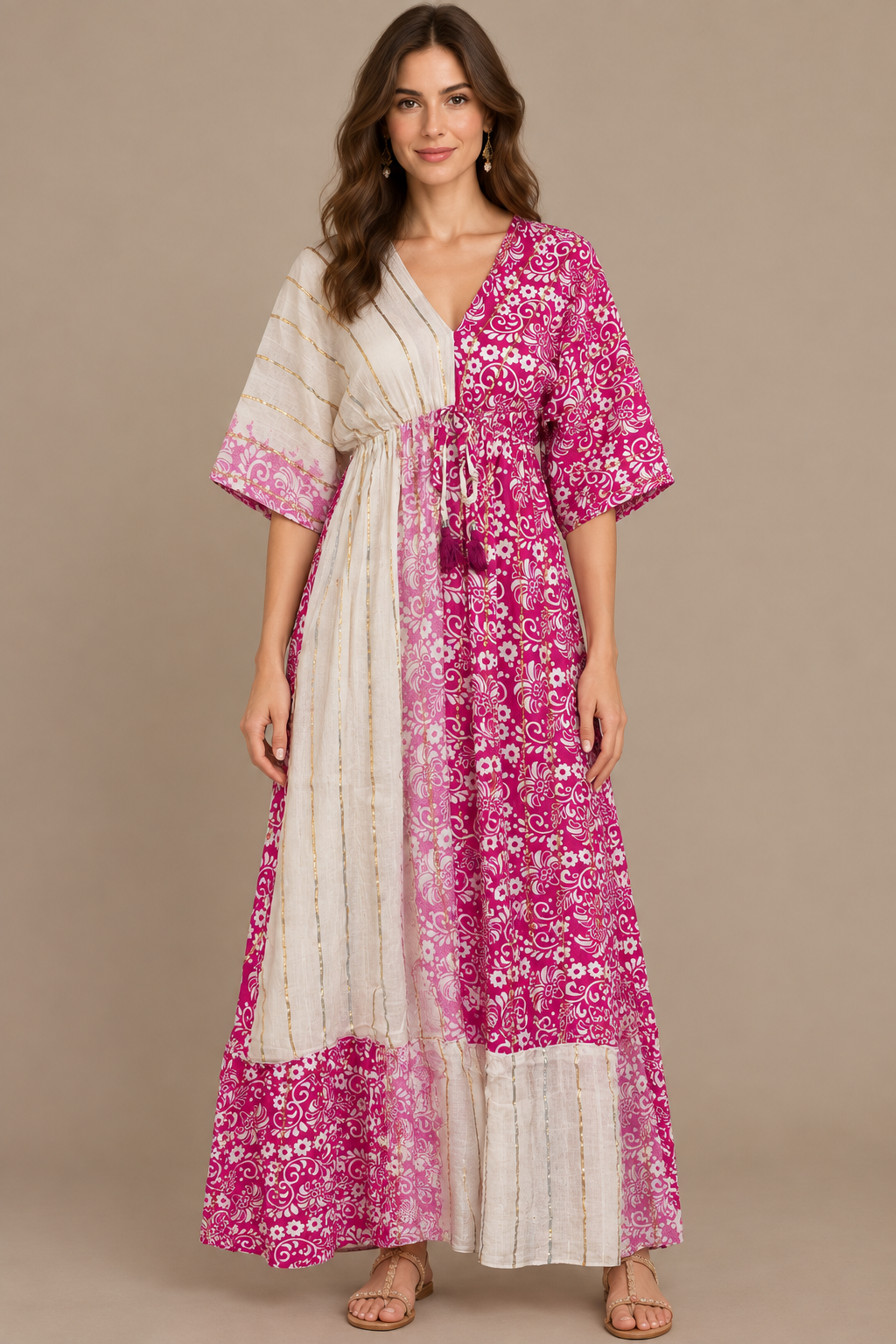 Boho Maxikleid Fuchsia Rosa Creme – Studio Vorderansicht
