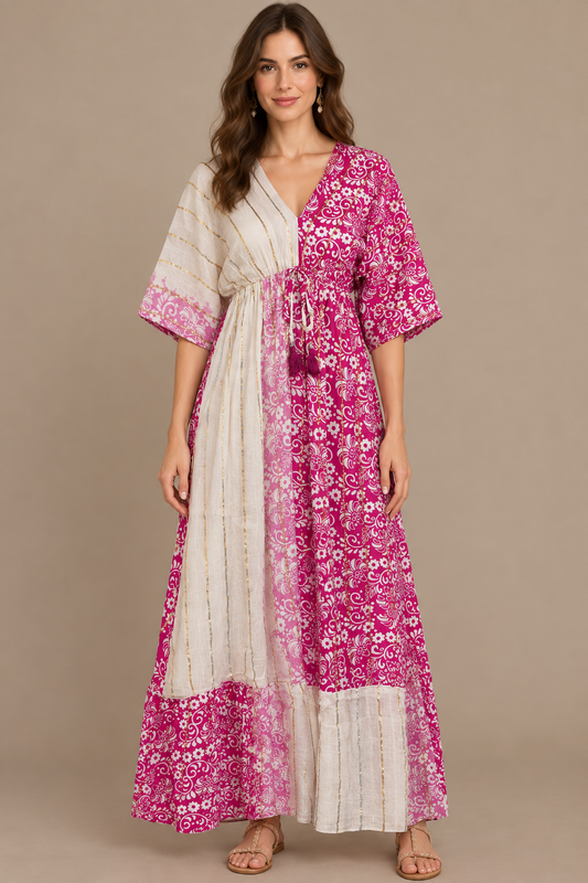 Boho Maxikleid Fuchsia Rosa Creme – Studio Vorderansicht