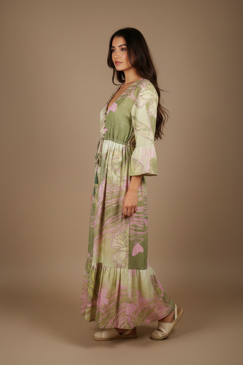 Boho Maxi Kleid Olive Pink Schmetterling – Seitenansicht