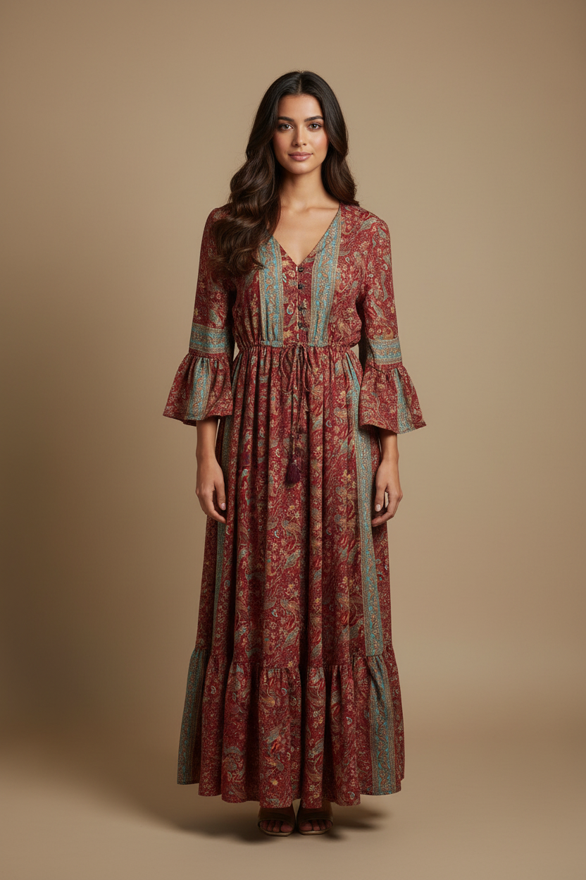 Boho Maxi Kleid Bordeaux Paisley – Studio Hauptbild