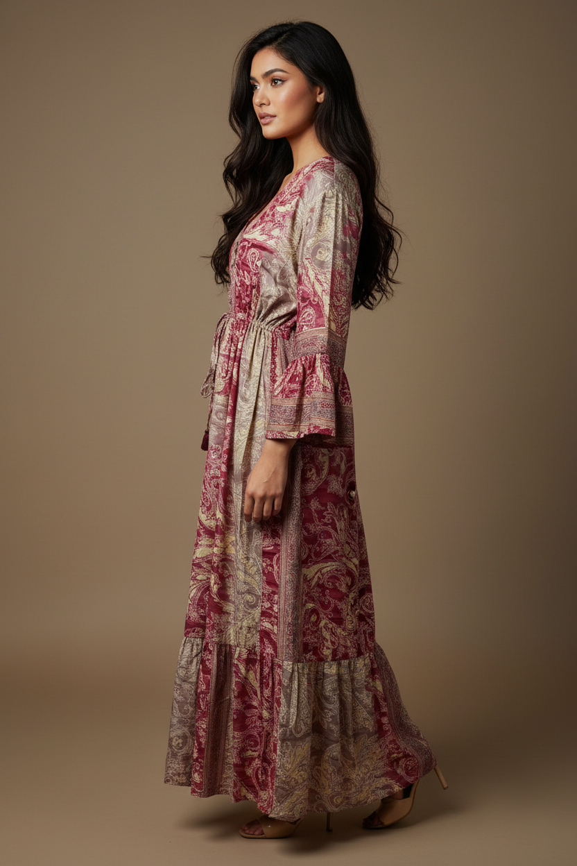 Boho Maxi Kleid Bordeaux Creme Baroque Paisley – Seitenansicht