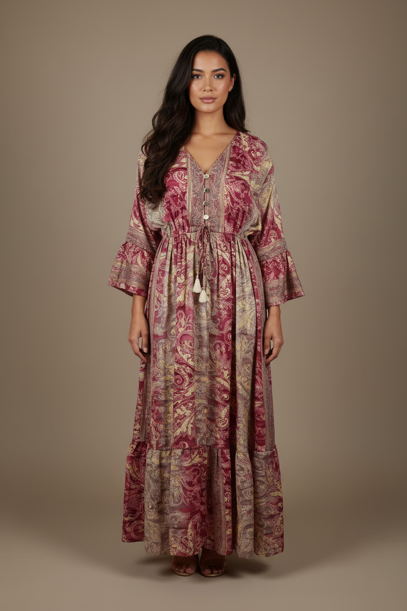 Boho Maxi Kleid Bordeaux Creme Baroque Paisley – Studio Hauptbild