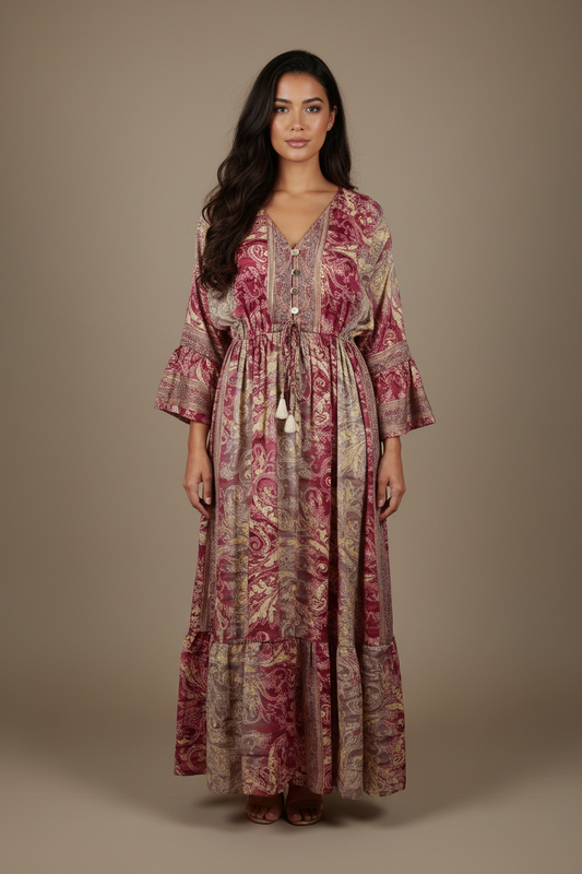 Boho Maxi Kleid Bordeaux Creme Baroque Paisley – Studio Hauptbild