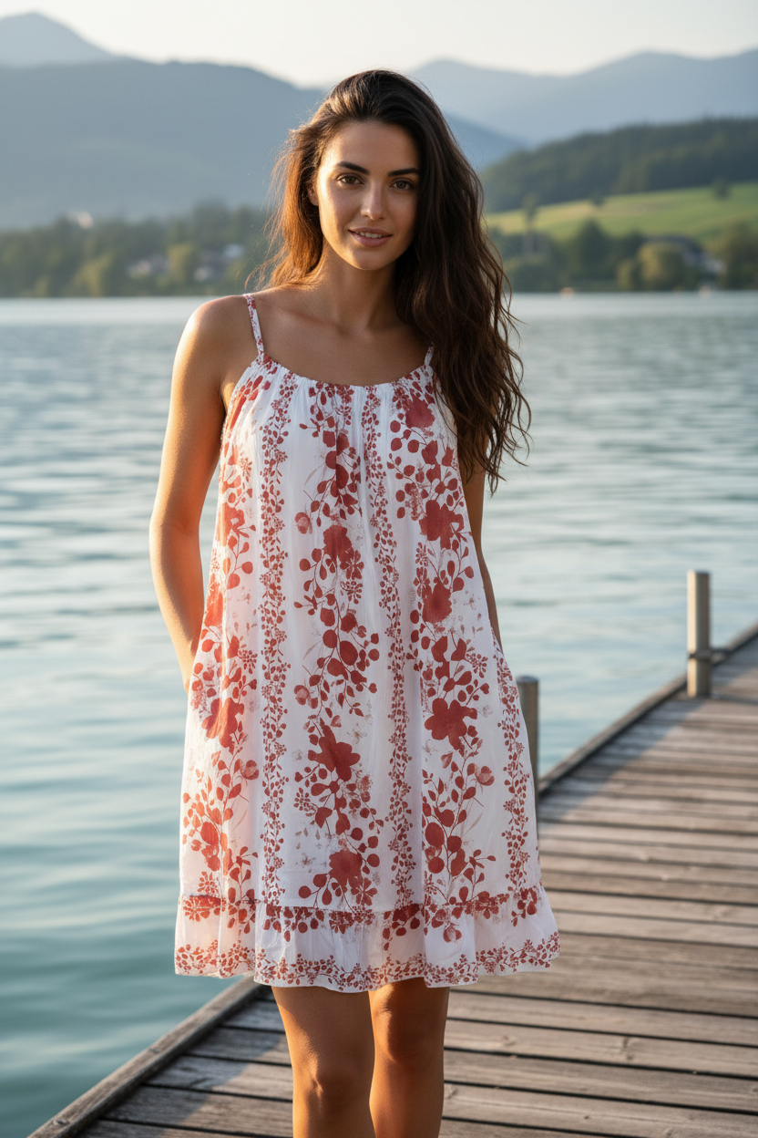 Sommerkleid Blumenprint Weiß Terrakotta Bodensee