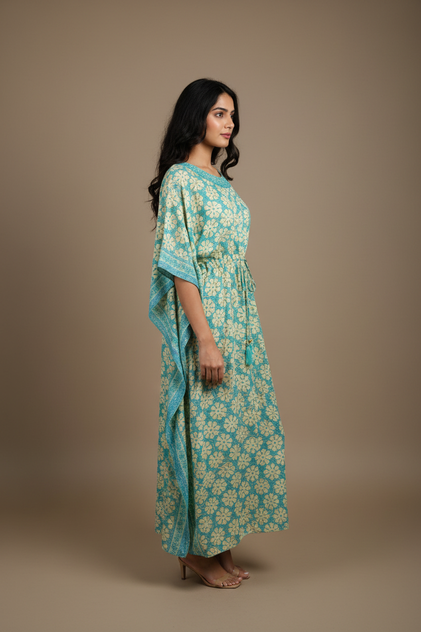 Boho Kaftan Türkis Mint Blumen-Print – Seitenansicht Studio