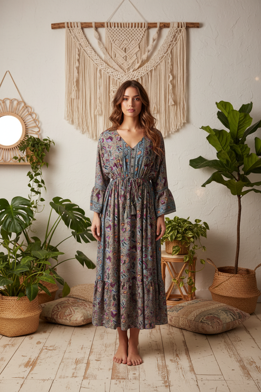 Boho Maxi Kleid Paisley Grau Lila – Boho Hintergrund