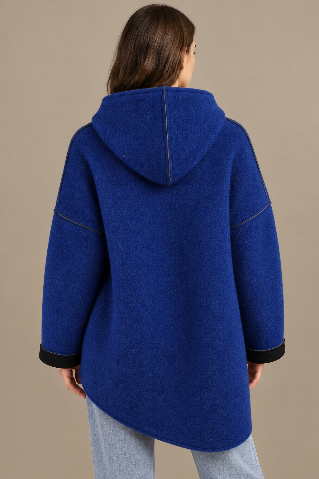 Kapuzenjacke Wollfilz Royalblau – Rückansicht