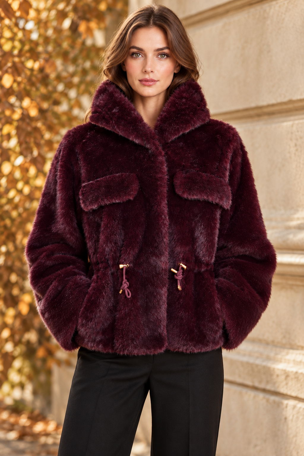 Bordeauxrote Felljacke am Model in herbstlicher Outdoor-Kulisse