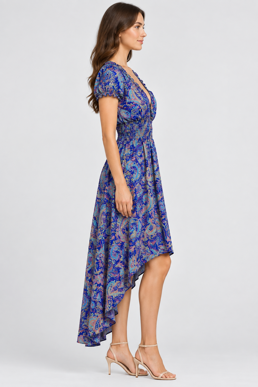 Boho Kleid Paisley-Mix – Seitenansicht High-Low-Saum
