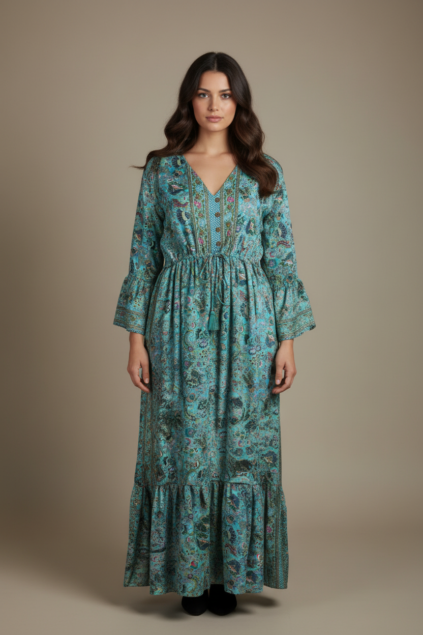 Boho Maxi Kleid Türkis Paisley – Studio Hauptbild