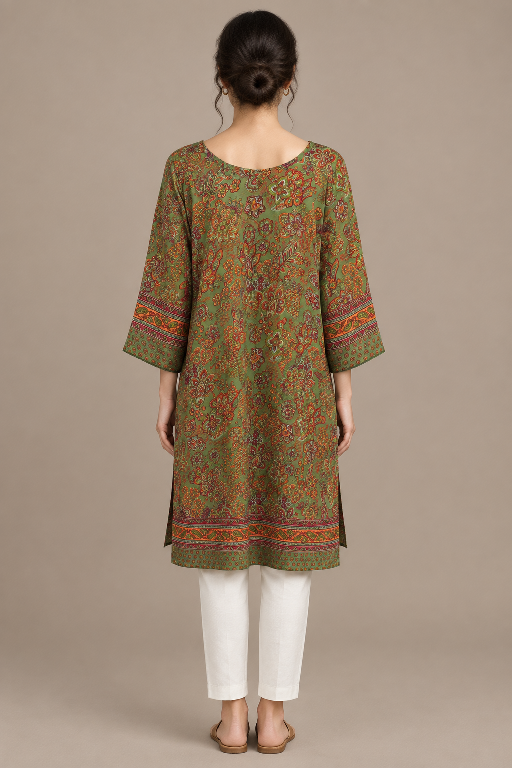Boho Tunika Olivgrün und Rost – Rückansicht