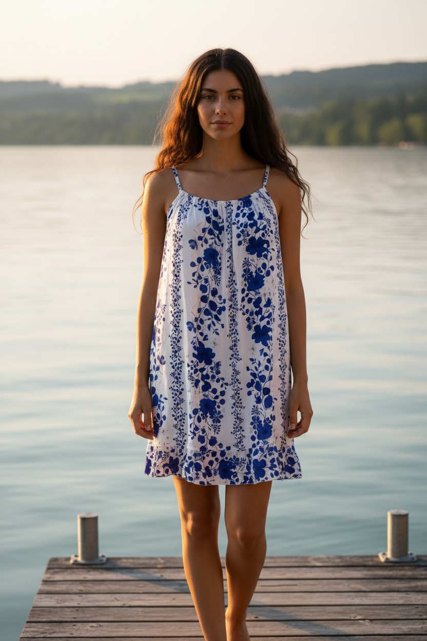 Sommerkleid Blumenprint Weiß Blau Bodensee